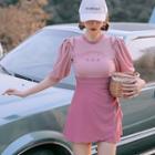 Set: Puff-sleeve Two-tone Swim Dress + Shorts