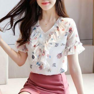 Floral Print Ruffled Short-sleeve Blouse