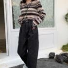 High-waist Straight-cut Jeans / Striped Cropped Knit Cardigan