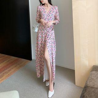 3/4-sleeve Print Slit Maxi A-line Dress