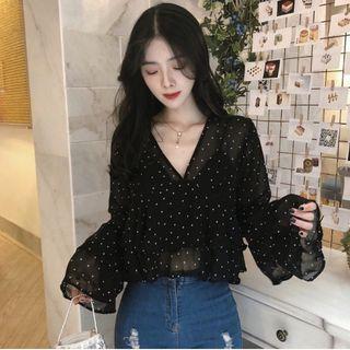 Dotted V-neck Blouse Black - One Size