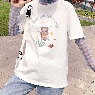 Check Mesh Long-sleeve Top / Bear Print Short-sleeve Tee