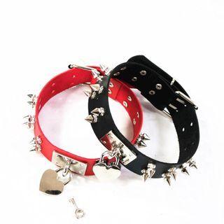 Alloy Heart Padlock Studded Faux Leather Choker
