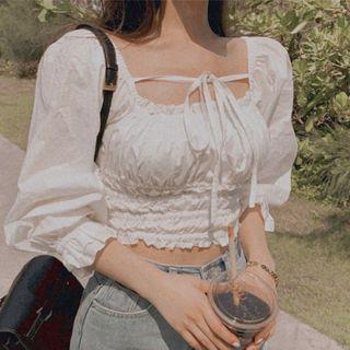 Elbow-sleeve Tie-front Shirred Crop Top White - One Size