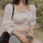 Elbow-sleeve Tie-front Shirred Crop Top White - One Size