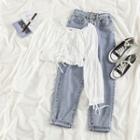Puff-sleeve Lace-up Blouse / Straight Leg Jeans
