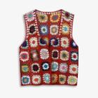 Color Block Flower Single-breasted Crochet Vest Colorful Flowers - Red - One Size