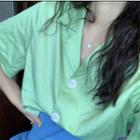 Short-sleeve Plain Shirt / Asymmetrical Mini Pencil Skirt