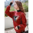 Contrast-cuff Illustrated Sweatshirt Wine Red - One Size