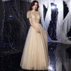 Puff Sleeve Mock Neck Sequined Panel Mesh Evening Gown