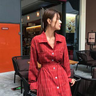 Plaid Tie Waist Midi Shirt Dress