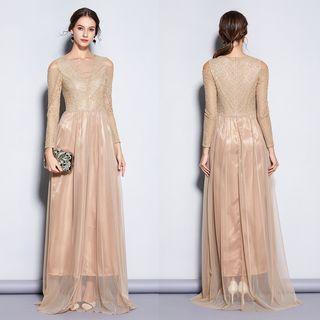 Cold-shoulder Long-sleeve A-line Evening Gown