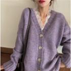 Long-sleeve Melange Knit Cardigan / Bell-sleeve Lace Blouse