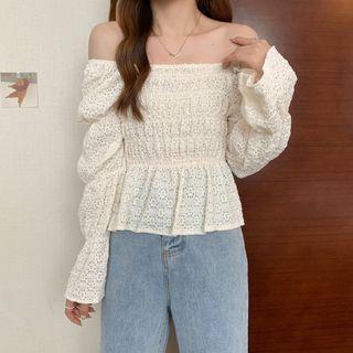 Long-sleeve Square-neck Floral Smocked Shirt
