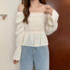 Long-sleeve Square-neck Floral Smocked Shirt