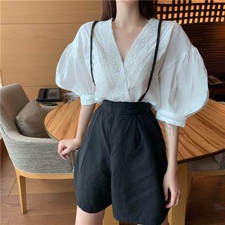 Lantern-sleeve V-neck Top / Suspender Shorts