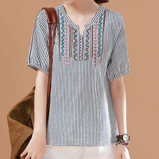 Short-sleeve Embroidered Stripe Notch Neck Blouse