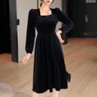 Square-neck Long-sleeve Midi A-line Dress As Shown In Figure - One Size