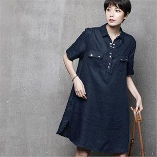 Snap-button Linen Dress