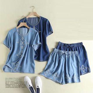 Set: Short-sleeve Embroidered Denim Top + Shorts