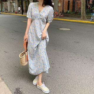 Short-sleeve Floral Midi Smock Dress Blue - One Size