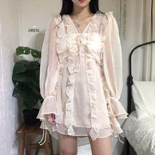 Set: Ruffle Trim Long-sleeve A-line Dress + Slipdress
