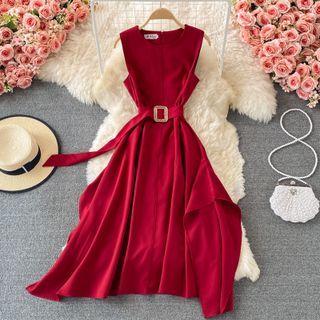 Plain Asymmetrical Sleeveless Dress With Belt
