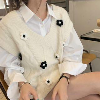 Set : Flower V-neck Knit Vest + Shirt