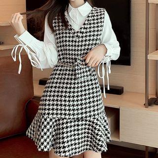 Set: Plain Blouse + Sleeveless Houndstooth Mini Dress