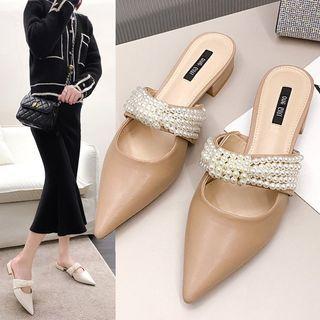 Faux Pearl Block-heel Mules