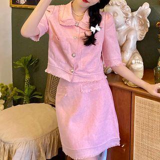 Short-sleeve Cropped Blouse / Mini A-line Skirt / Set