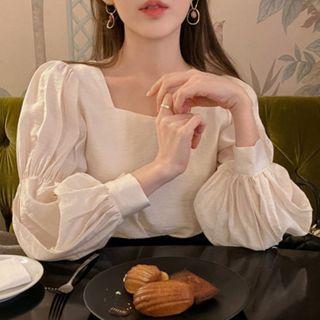 Lantern-sleeve Square Neck Plain Blouse Almond - One Size