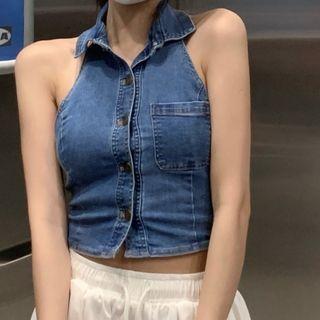 Collar Halter Neck Denim Tank Top / Wide Leg Pants