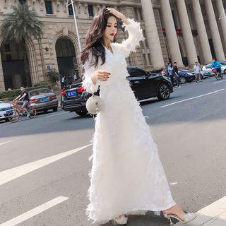 Furry Long-sleeve Evening Gown