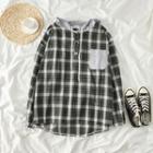 Long-sleeve Hooded Check Top Black - One Size