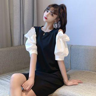 Cold-shoulder Ruffled A-line Dress Black & White - One Size