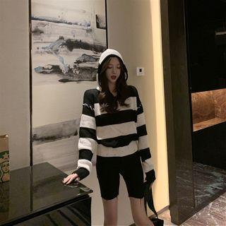 Hooded Ripped Striped Sweater Stripes - Black & White - One Size