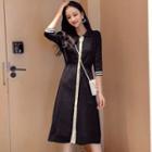 Elbow-sleeve Knit A-line Dress Black - One Size