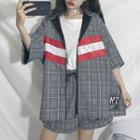 Set: Plaid Color Block Elbow-sleeve Jacket + Plaid Drawstring Shorts As Shown In Figure - One Size