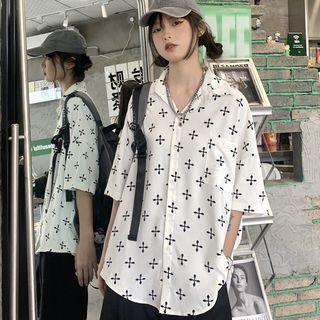 Elbow-sleeve Cross Pattern Shirt