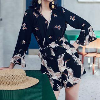 Bell-sleeve Printed Playsuit