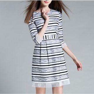 Mesh Trim Striped 3/4 Sleeve Dress