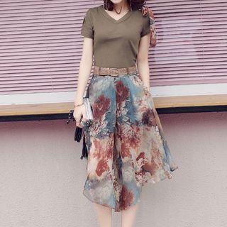 Set: Cold Shoulder Short-sleeve T-shirt + Printed Capri Wide Leg Pants