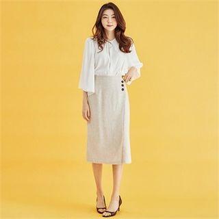 Buttoned Wrap-front Linen Blend Skirt