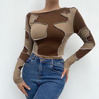 Two Tone Long Sleeve Paneled T-shirt