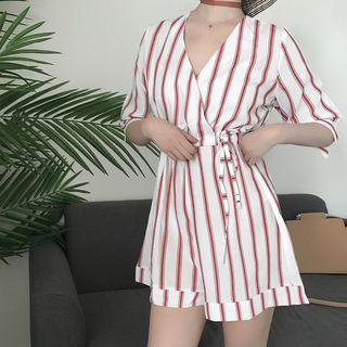 Striped V-neck Elbow-sleeve Playsuit