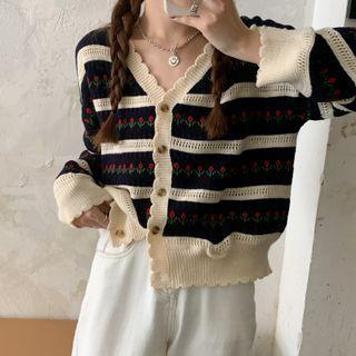Flower Print Pointelle Knit Cardigan Red Flowers - Black & White - One Size