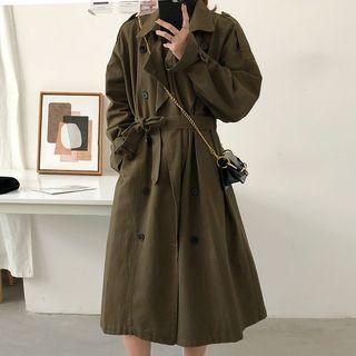 Double Breasted Long Trench Coat Army Green - One Size