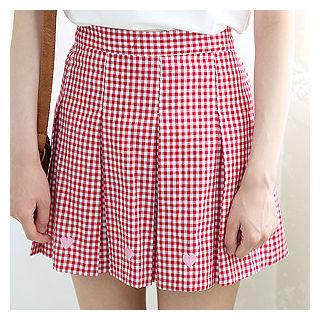 Heart Embroidered Pleated Gingham Mini Skirt