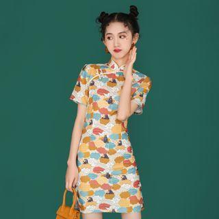 Cloud Print Short-sleeve Qipao